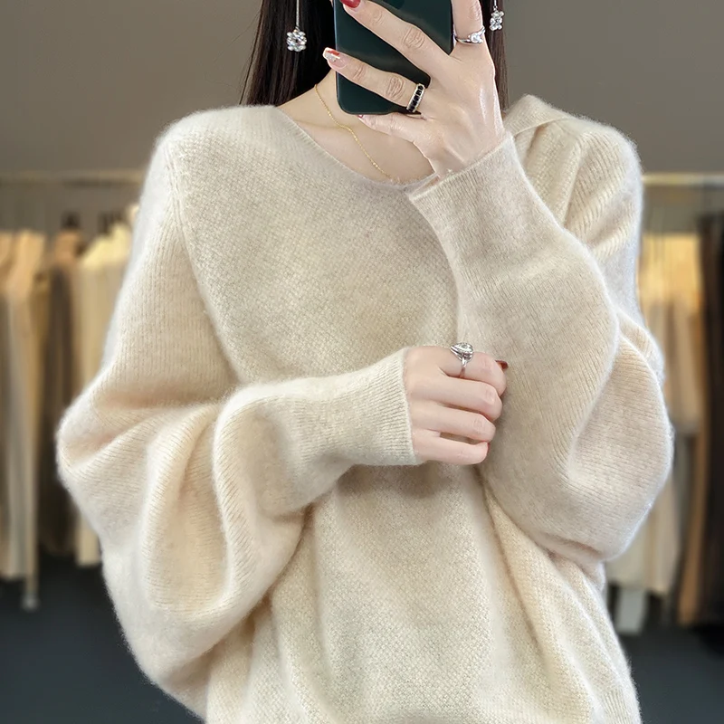 Loose hooded wool sweater in autumn and winter women's padded bat sleeve cashmere sweater