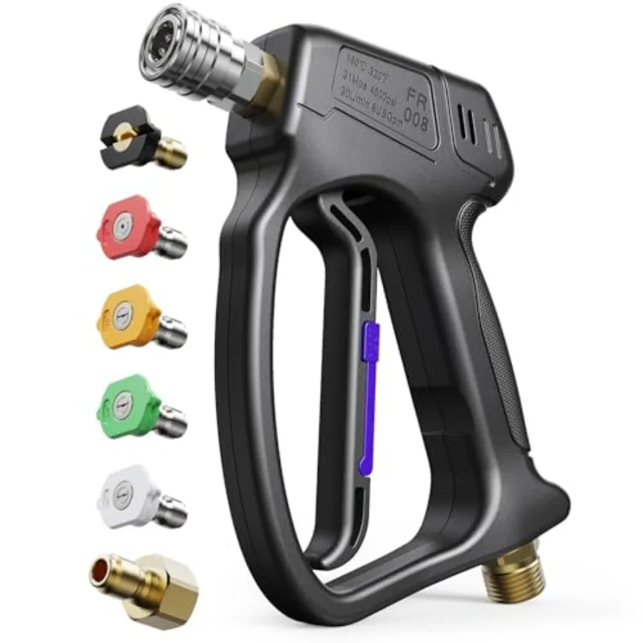 

Short Pressure Washer Gun for Car Washing Detailing, Brass Body, Black/Red, 4500 PSI, M22-14mm 3/8 Inlet, 5 Spray Nozzles, 1/4