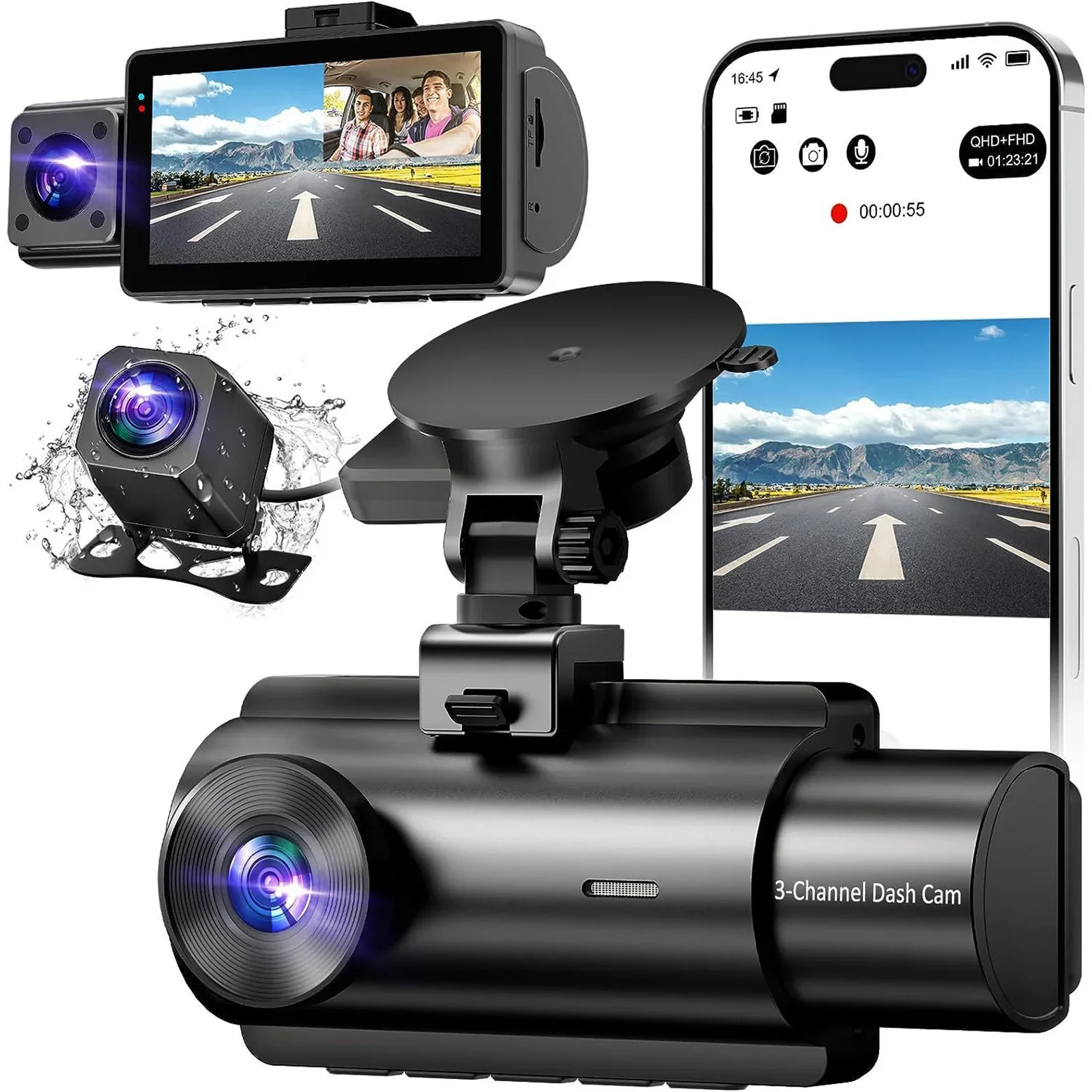 HJ08L 3 Inch 2K+1080P+1080P 3 Channels Dash Cam Dashboard WIFI GPS Suction Cup Bracket NIGHT VISION Car DVR - Image 2