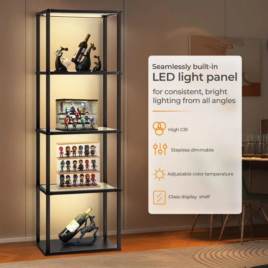 Display Shelf Floor Lamp, Dimmable LED lamp with 3 Color Temperatures, Sturdy Glass Curio Cabinet Bookcase with Remote Control,