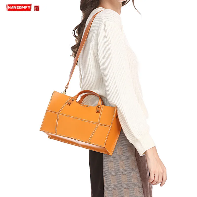 Light Retro Leather Women Handbag Personality Handmade Female Small Tote Bag Cowhide Geometric Stitching Removable Daughter Bags