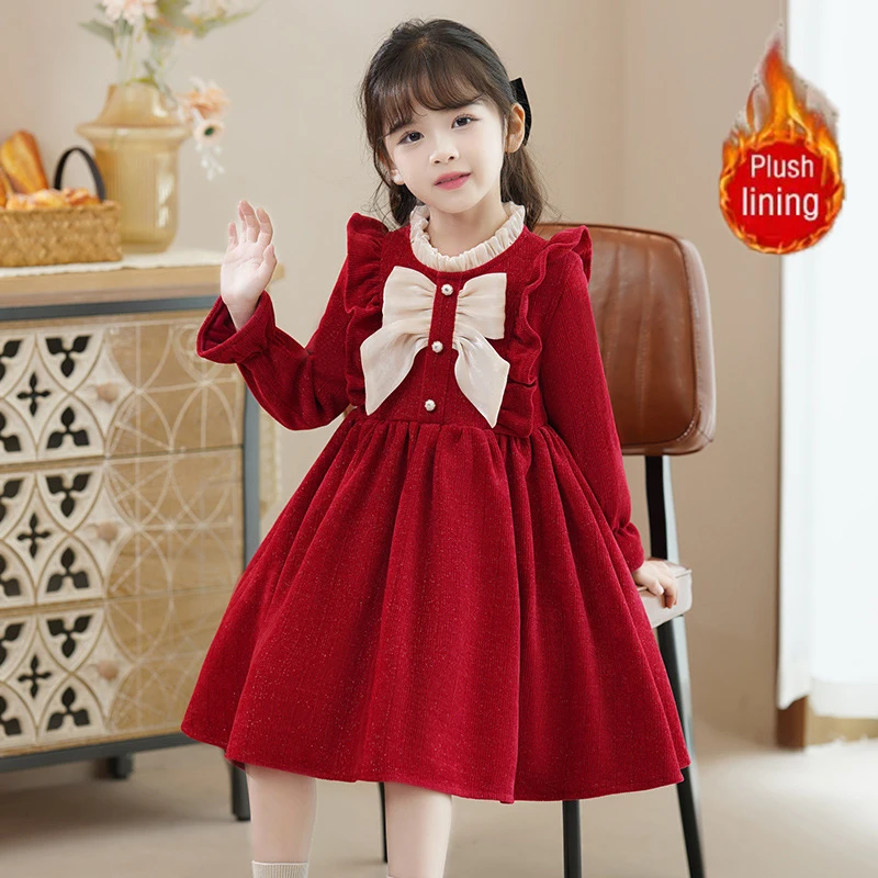 Young Girls' Winter Princess Clothes Red Thickened Velvet Dresses Baby Girl  One-piece New Year's Birthday Party Corduroy Dress  - AliExpress 1501