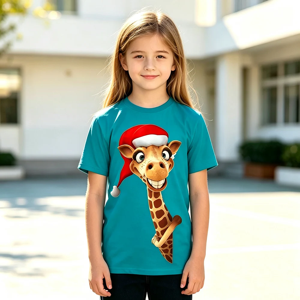 Hot Sale Cute Giraffe Graphic T-Shirt Cartoon Santa Hat Animal Print Short Sleeve Boys Girls Casual Crew Neck Family Kids Tees