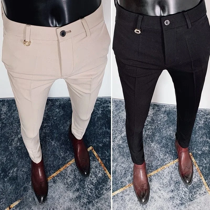 2025 Spring Summer New Casual Slim Fit Suit Pants Mens Solid Business Office Social Pants Formal  All Match ankle Length Pants