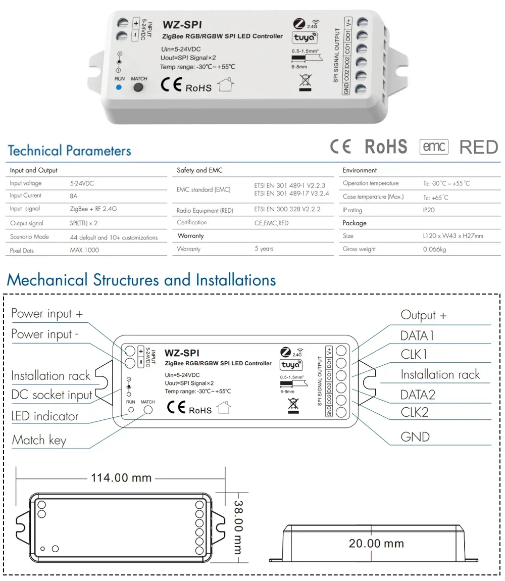 Tuya Zigbee SPI Led Controller RF Remote Control WZ-SPI+R9 KIT DC5-24V Dimmer for RGB RGBW Pixel WS2811 2812B LED Strip Lights