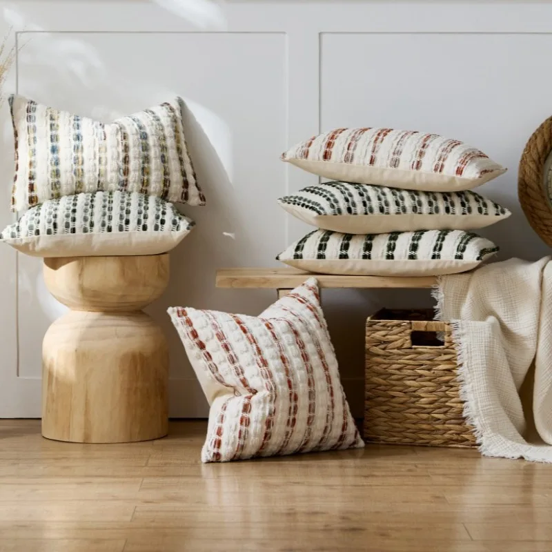 2-Piece Tuffed Velvet Pillow Cover Boho Stripe Cushion Cover in Rust & Sage Green Chenille Textured Decorative Pillow Case