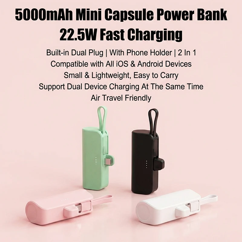 5000mAh capsule power bank, portable wireless fast charging battery for iPhone Huawei Xiaomi and mainstream Type-C mobile phones