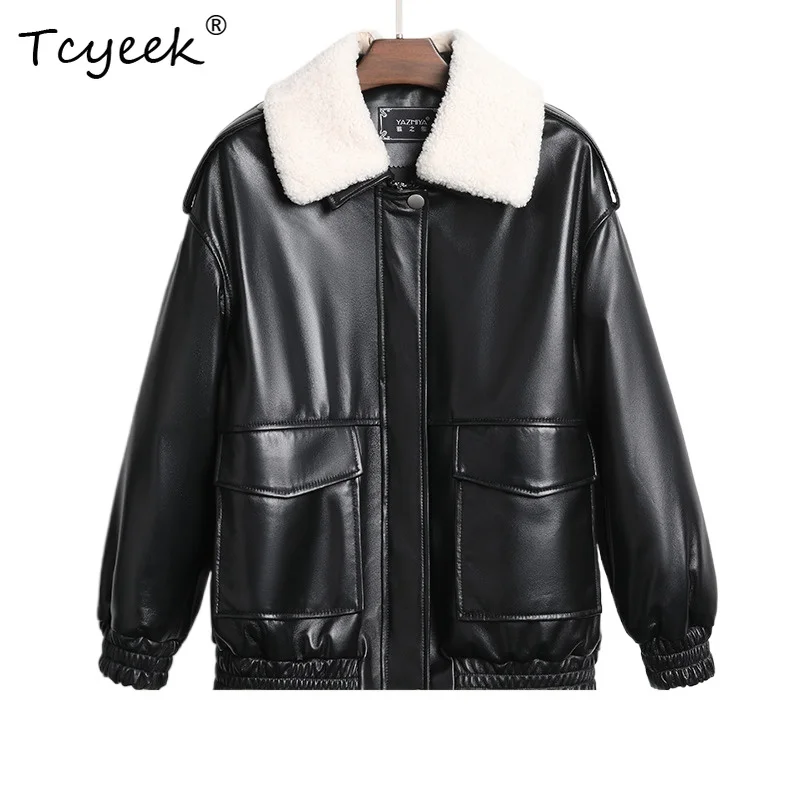 

Tcyeek из натуральной овчины, осенне-зимняя женская куртка с лацканами и длинными рукавами, толстый короткий шерстяной воротник, белая куртка на утином пуху Veste Femme