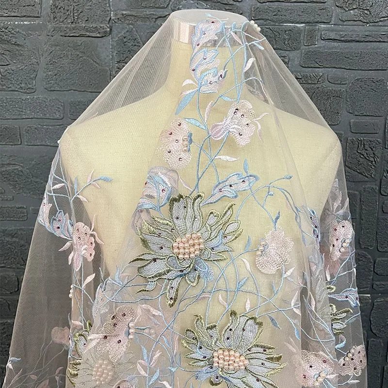 

Heavy Craftsmanship Embroidery Flower Binding Pearl Mesh Three-dimensional Jacquard Dress Qipao Han Clothing Designer Fabric