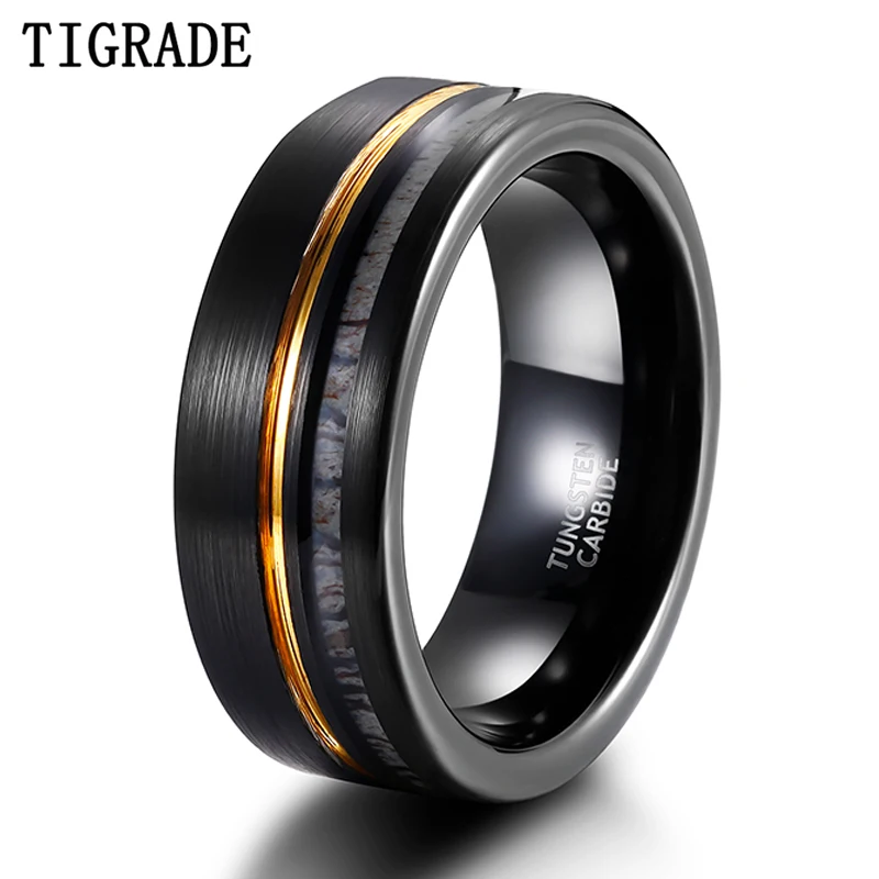 

Tigrade 8mm Tungsten Carbide Ring Deel Antler Inlay with Gold Line Wedding Rings For Men Matte Brushed Engagement Band Jewelry