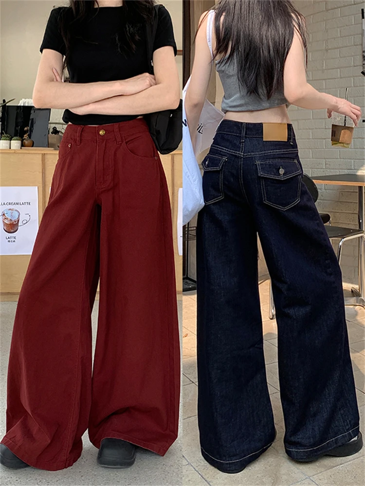 

Women Korean Fashion Chic Shoujo Baggy Jeans Japanese Wide Leg Y2K Denim Pants 2000s Vintage Solid Color Streetwear Simple New