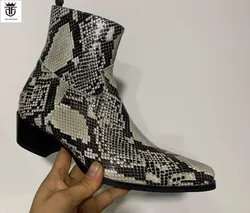 High Quality Men Westen Boots Snake Pattern Print Party Dress Shoes Super Point Toe Leather Male Boots Side Zip Easy Wear