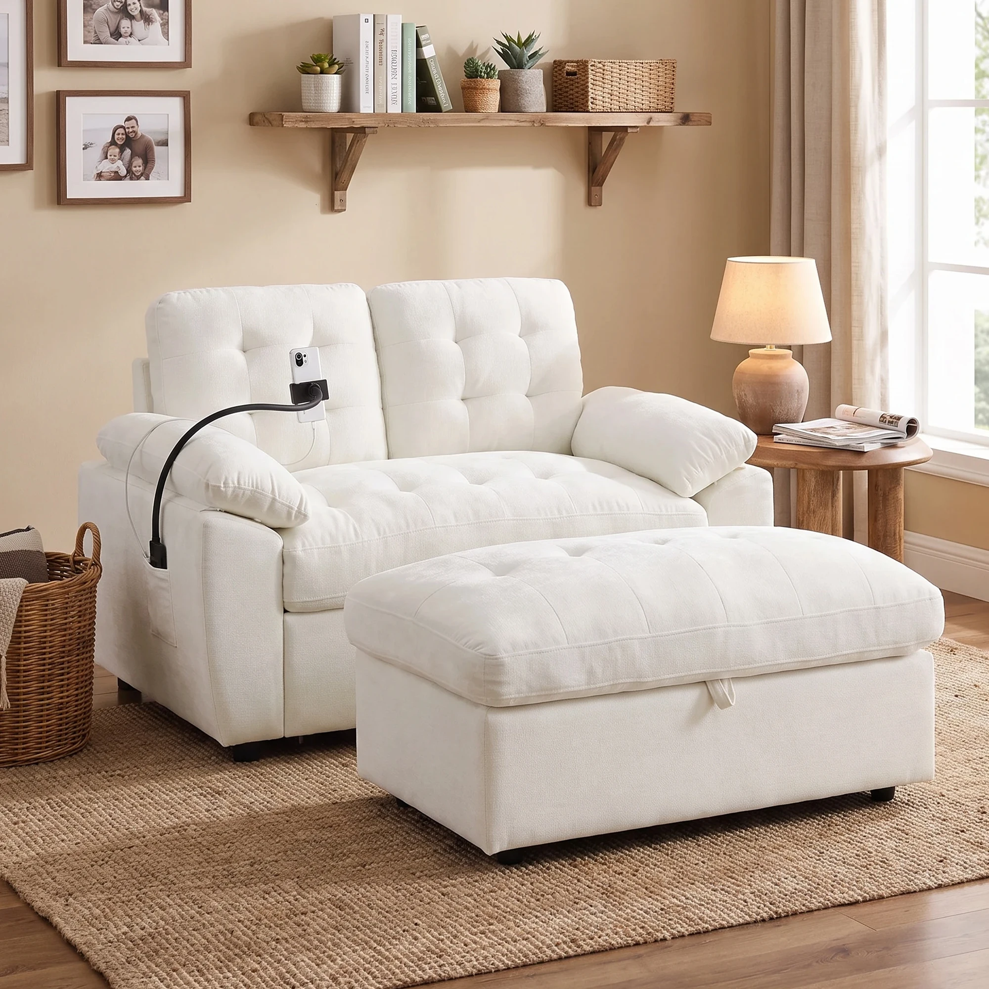 56-Inch Double Lounge Sofa Chair With 45-Inch Storage Footstool Extendable Convertible Bed Equipped With Soft Thick Armrests Built-In USB Charging Ports Flexible Phone Holder Suitable for Living Rooms Other Small Apartments