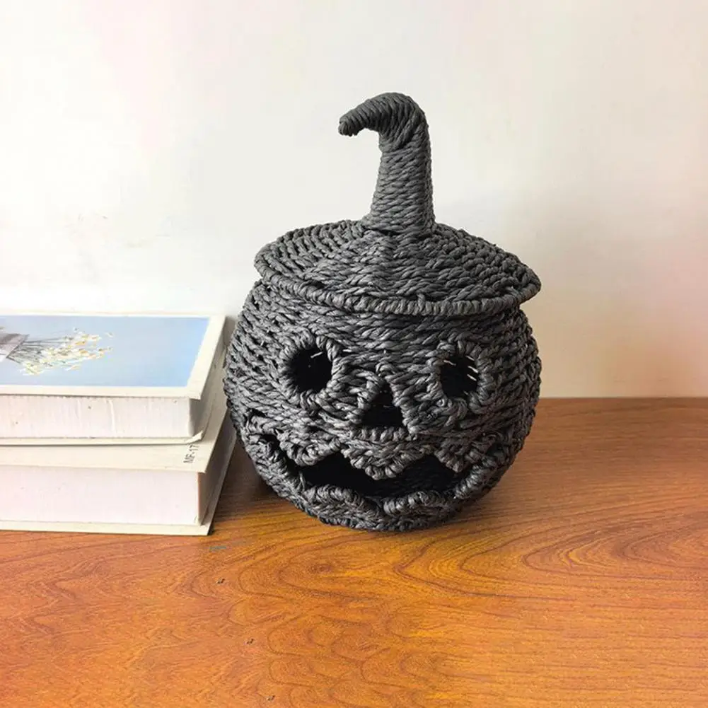 Breathable Cotton Linen Crafts Handwoven Pumpkin Lantern with Lid Vintage Rustic Halloween Decor Jar Hollow for Party for Fall
