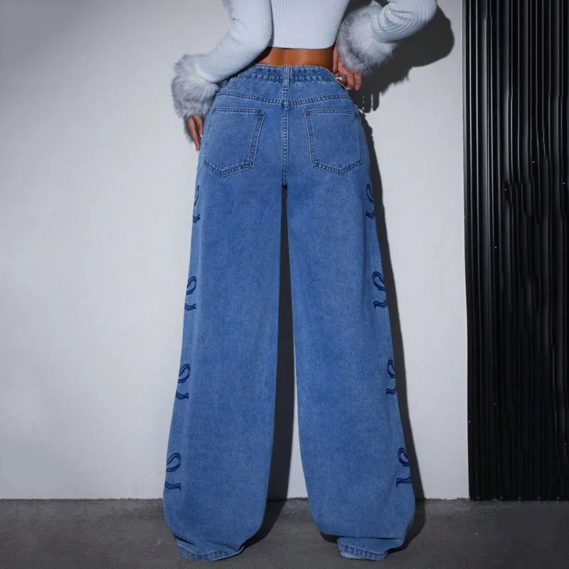 ANJY otoño nuevas mujeres American Tide Jeans lavados Bowknot impreso bolsillos rectos High Street Y2K elegante pantalones vaqueros A9114