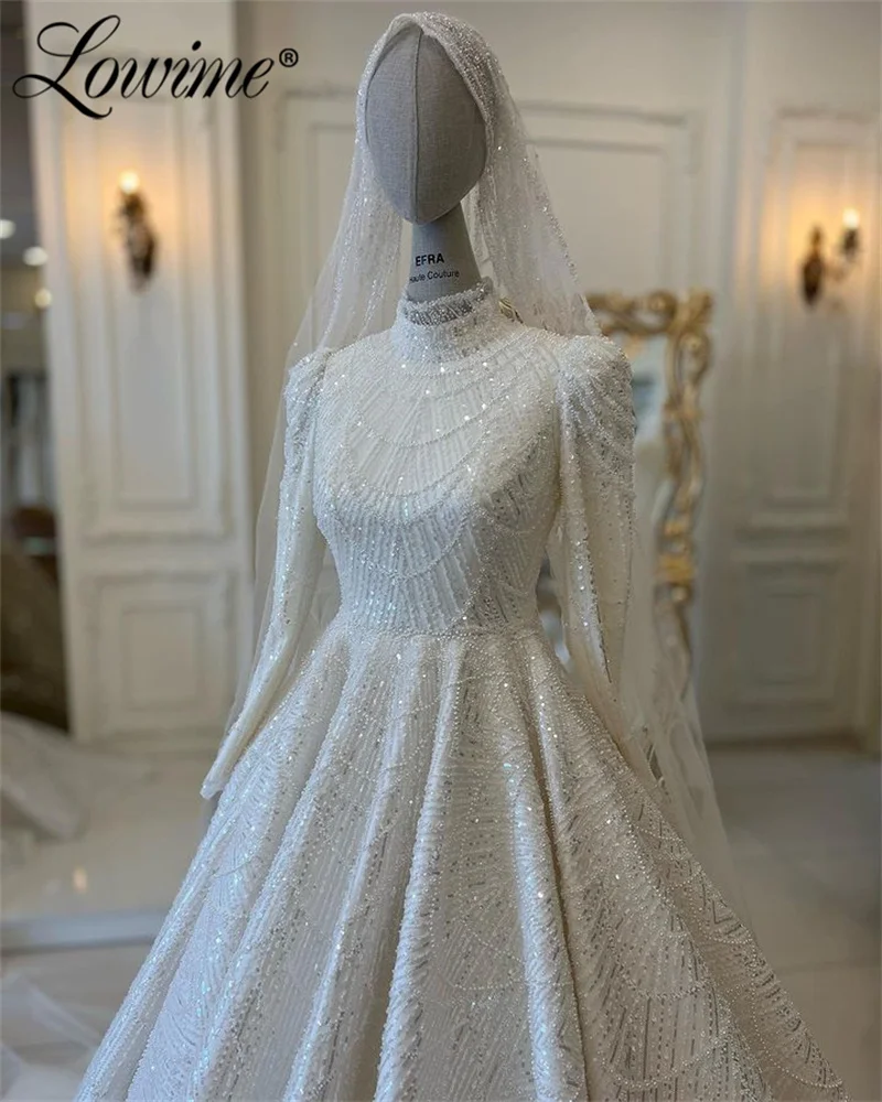 Lowime 2024 Pearls Wedding Dresses For Bride Muslim High Neckline Full Sleeves Beading Sequined Custom Made Vestidos De Novia