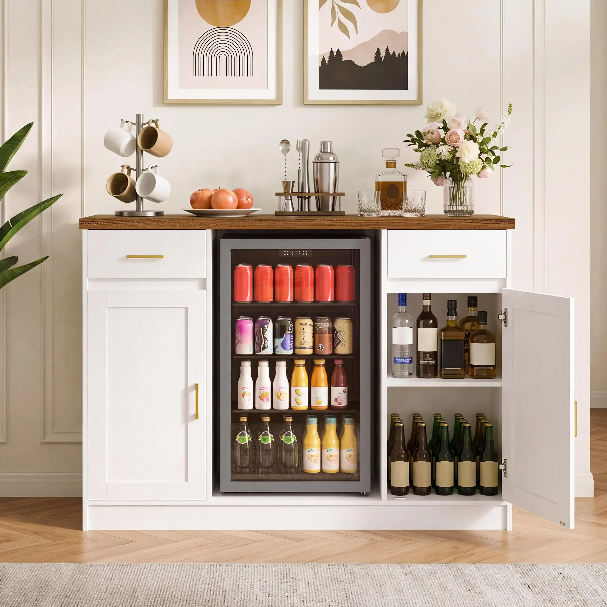 Coffee Bar Cabinet With 24 Inch Mini Fridge Space, Power Outlet, 2 Drawers, Storage Doors, Buffet Sideboard For Kitchen Dining Room