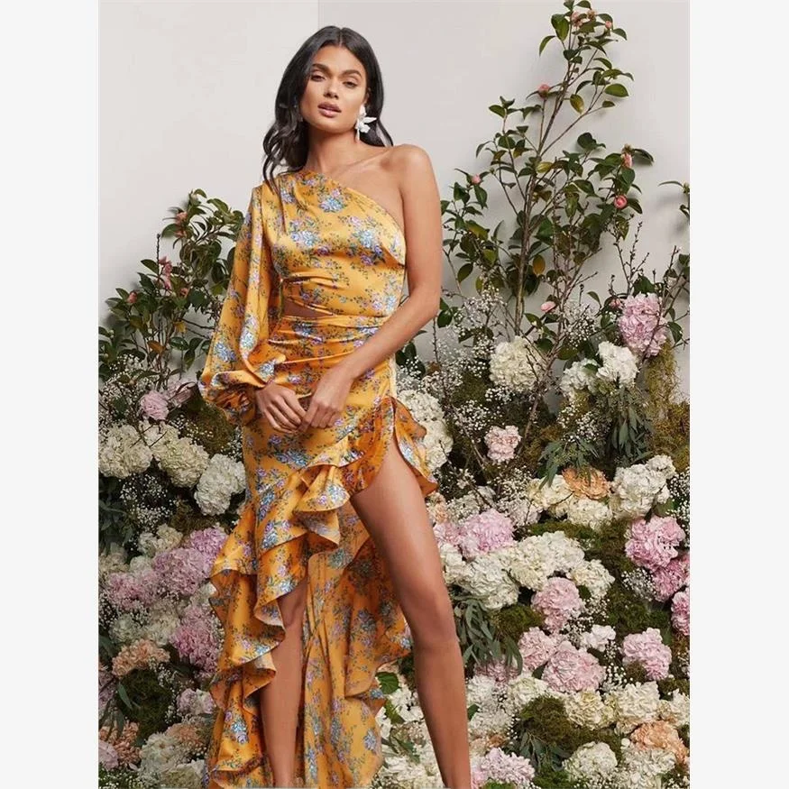 

Элегантное цветочное макси-платье с длинным рукавом, вечернее платье для вечеринок, с V-образным вырезом, длинная юбка, женская модная одежда, платье для женщин.