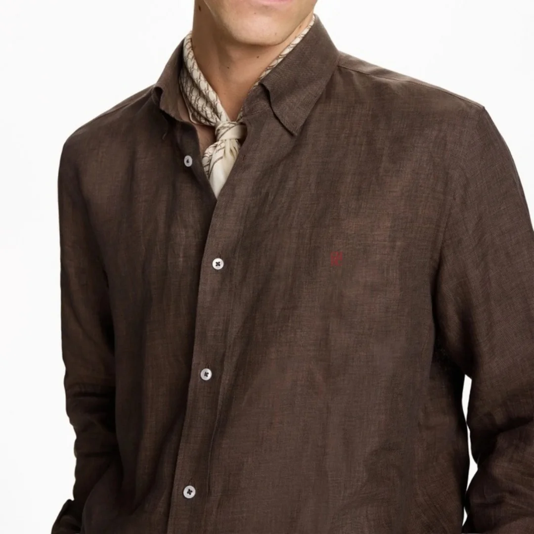 CH Letter Embroidered Solid Color Linen Long Sleeve Shirt Men Point Collar Regular Fit Minimalist Chic Casual Tops