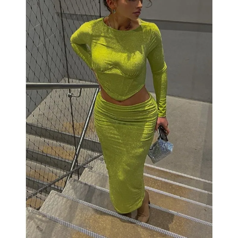 

Krisnanas Yellow Bright Line Women's Dress Sets 2025 Cropped Long Sleeve Tops Straight Folds Skirts New in Matching Sets 153139