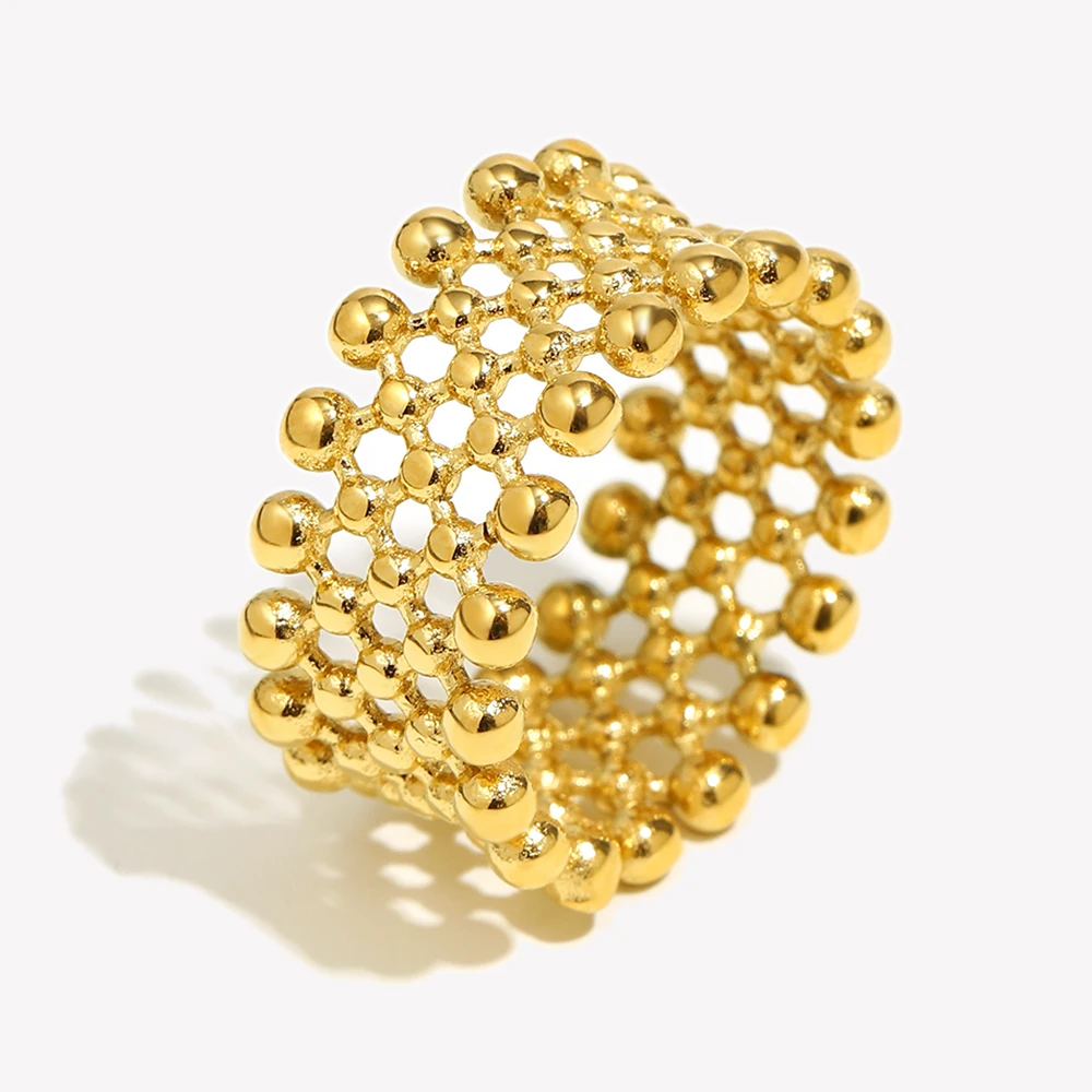 Small Ball Mesh Faced Cross Arranged Ring Water Resistant 18K Gold Plated Decoration 316L Stainless Steel Jewelry