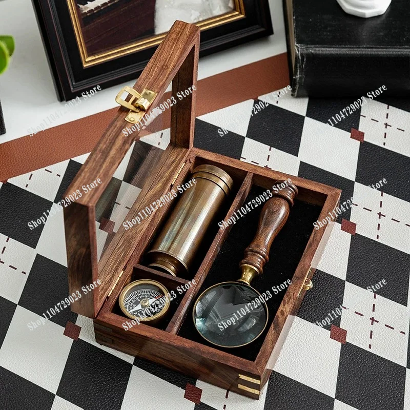 Vintage brass antique magnifying glass compass telescope outdoor nautical set study western ornament