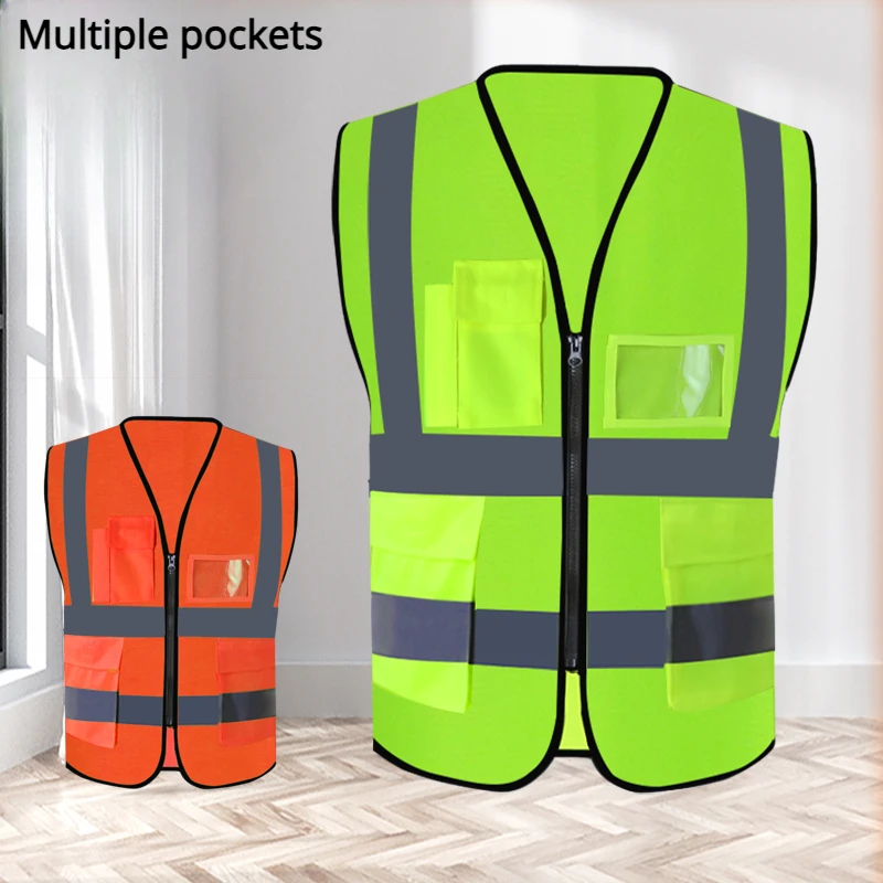 

Men High Visibility Reflective Vest Zipper Safety Vests Reflective Strips Construction Workwear Traffic Warning Fluorescent vest