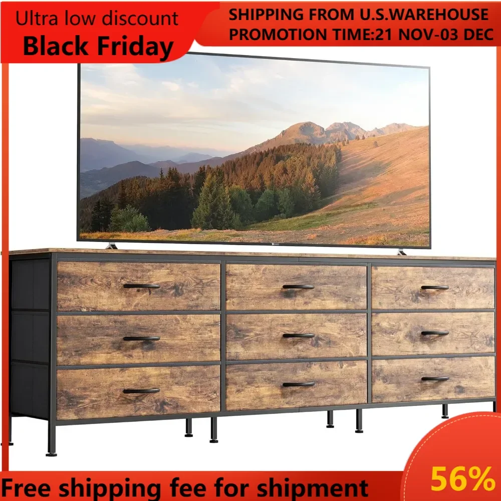 9 Drawer Dresser, 63 Inch Dresser TV Stand for 55, 65, 70 Inch TV, Entertainment Center with Drawers, Large Long Fabric Dresser