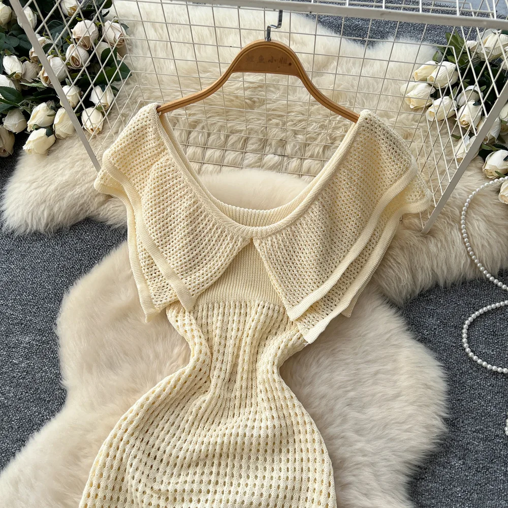 Frauen Ausschnitt Strickkleider Knöchellanges Schlitzkleid Peter Pan Kragen Ärmellose Taille Y2k Streetwear Party Elegant 2025, Herbst