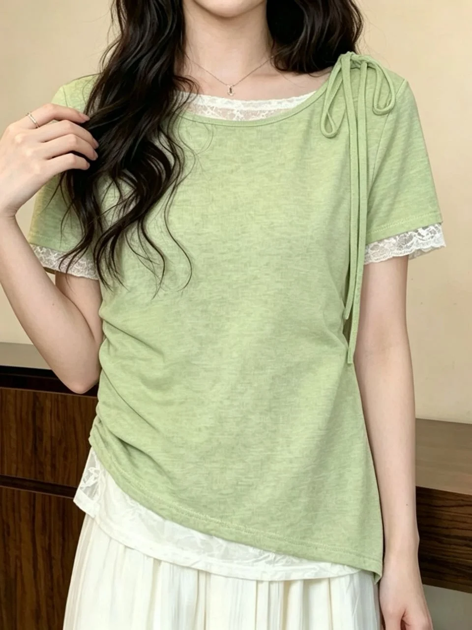 

plus Size Purple Short Sleeve T-Shirt Lace Patchwork Waist Cinched Base Shirt Summer Casual Style Breathable Short Length Top