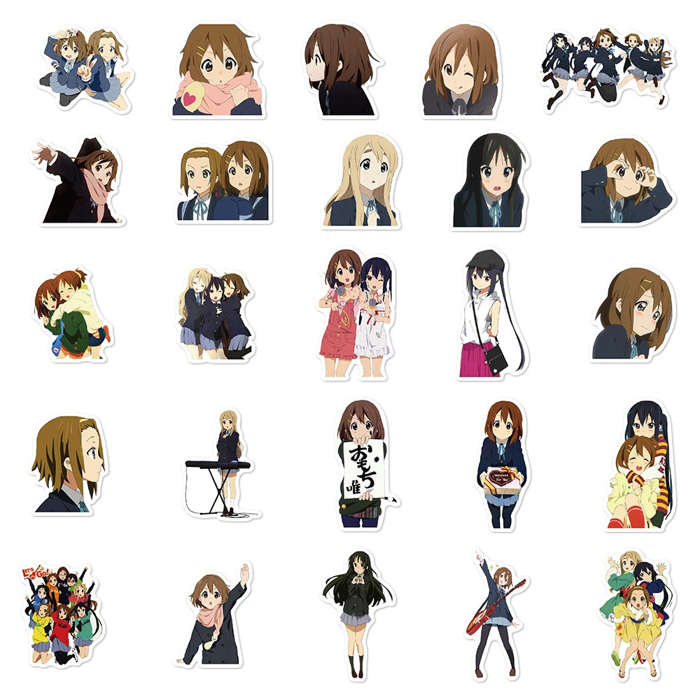 Pegatinas de Anime k-on, calcomanías decorativas de guitarra, Hirasawa, Yui, Akiyama, Mio, Tainaka, Ritsu, Kotobuki, Tsumugi, 10/30/50 piezas