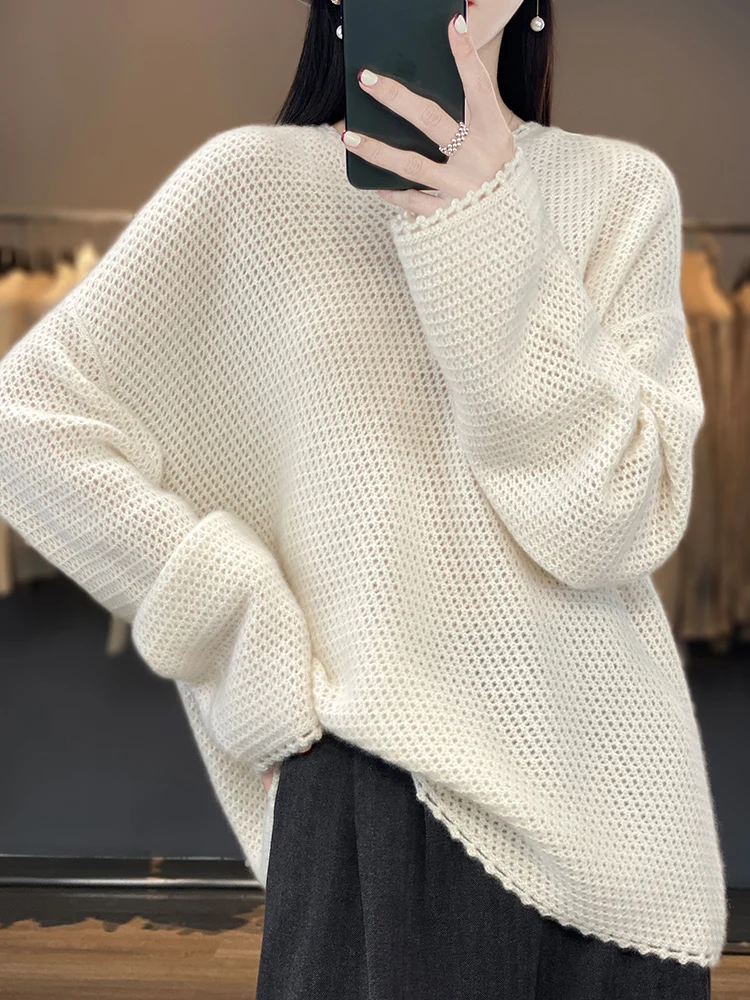 New Autumn Winter Women Wool Hooded Pullover Hollow Cashmere Sweater 100% Merino Wool Knitwear Casual Loose Soft Knitting Tops