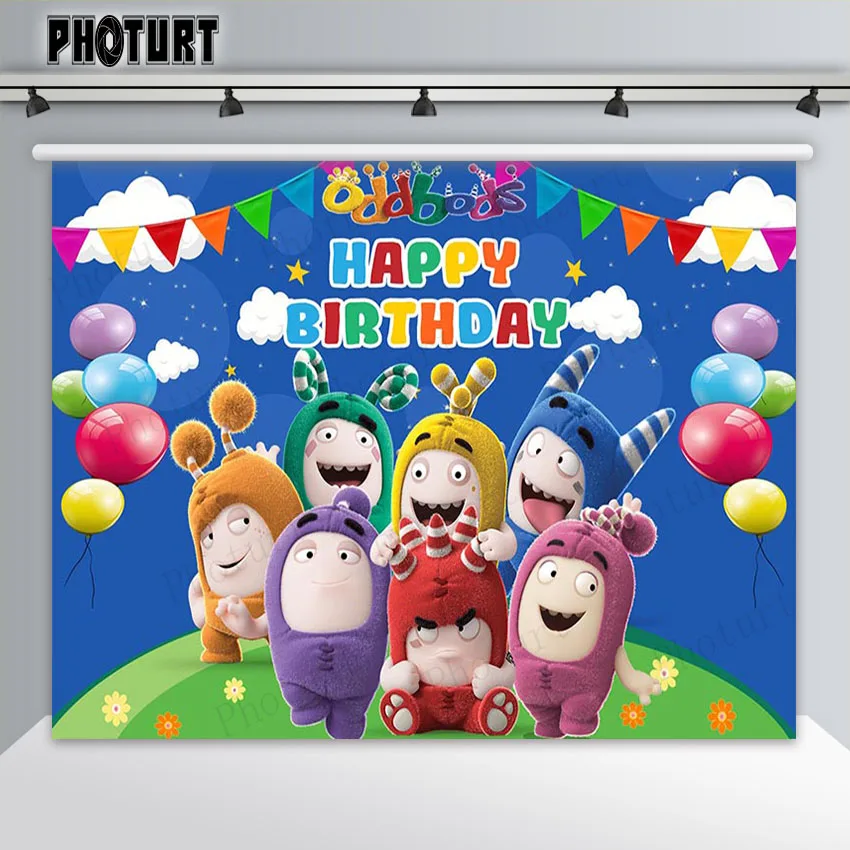 PHOTURT Oddbods Doll Toy Backdrop Kids Birthday Party Background Rainbow Balloon Vinyl Polyester Photography Decoration Props