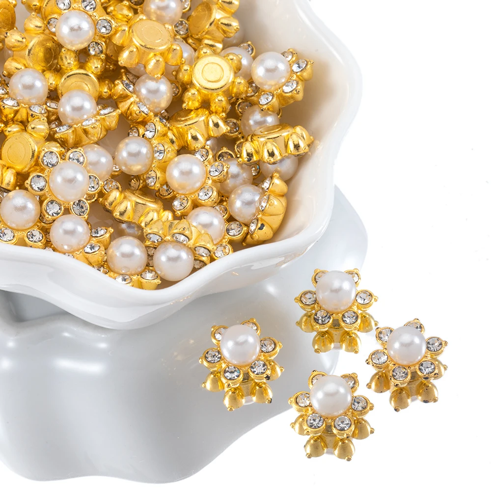 50pcs Flower Shape Golden Setting Pearl Rhinestone Anched Patch Beads for DIY Jewelry Making Bride Headband Decor Accessories