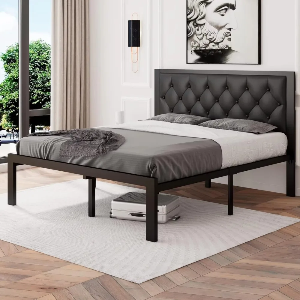 

US Queen Size Metal Bed Frame with Faux Leather Button Tufted Headboard, Heavy-Duty Platform Bed Frame with 12" Storage, Steel