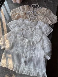 Japanese Sweet Lolita Chiffon Shirts Women Vintage Cute Lace Ruffles Bow Short Sleeves Blouses Girls Kawaii Ruffles Collar Tops