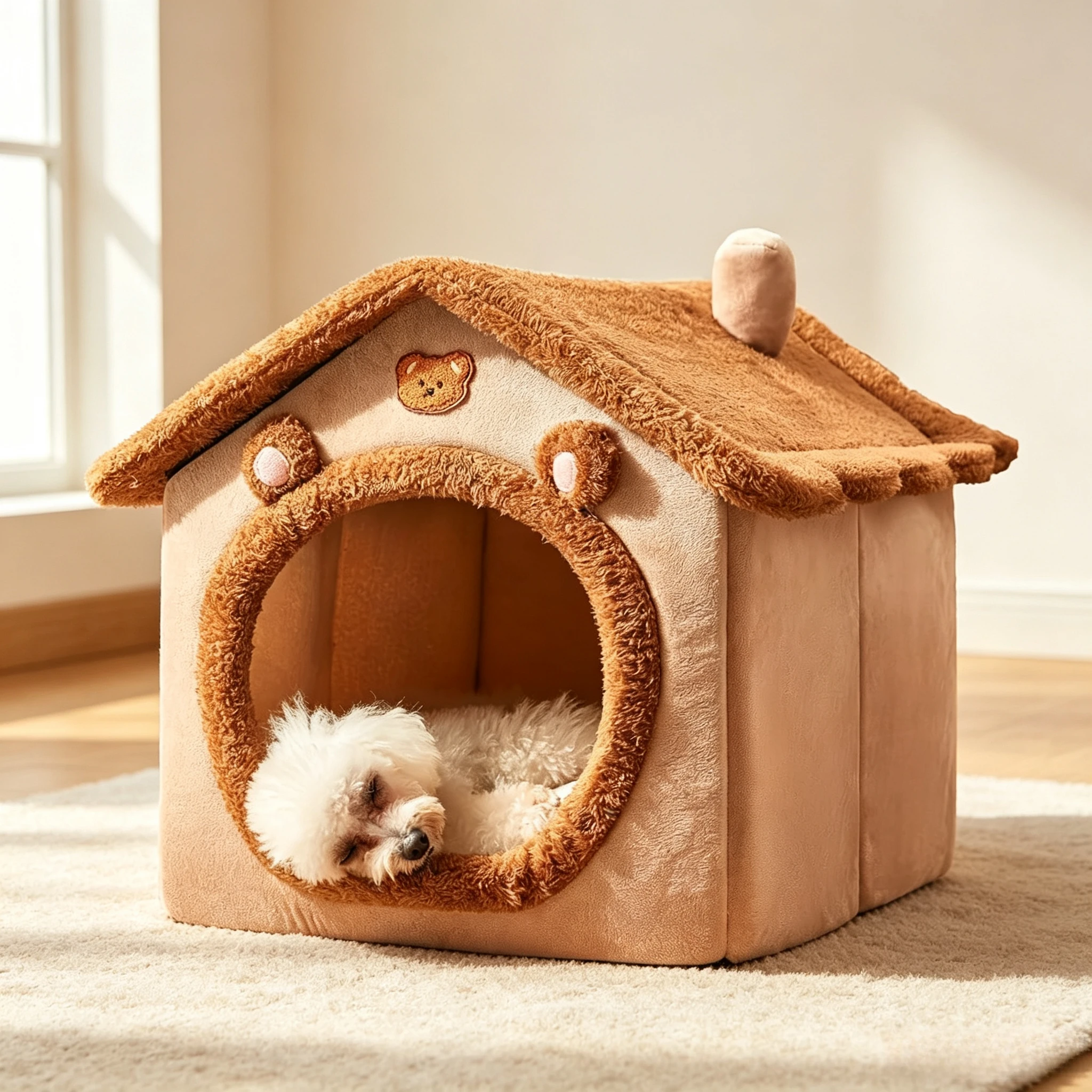 Large Cute Bear Shape Pet House Bed Detachable Washable Soft Plush Dog Cave Tent Bed Warm Cozy Enclosed Kitty Bed For Small Dogs 7-14 Lbs Cats 9-17 Lbs Indoor Rest Nest Available In Brown