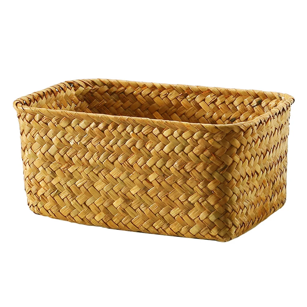 Cabilock Home Decor Woven Seaweed Basket Wicker Storage Baskets Rectangular Rattan Toilet Shelves Caramel Orange Food