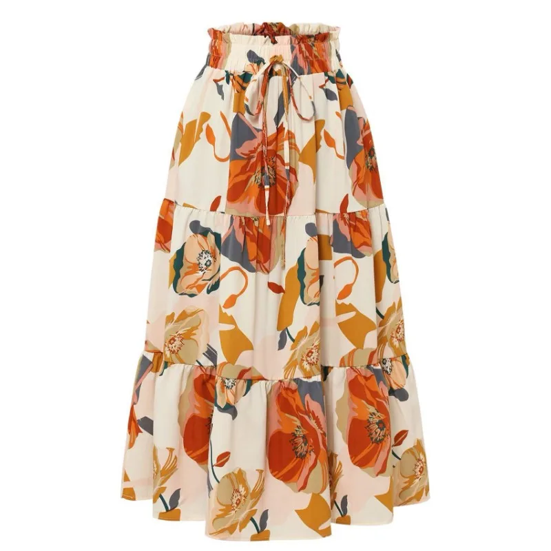 Women Spring Summer Vintage Floral Print Elastic Drawstring Waist Tiered Long Skirt Casual Commute A-line Umbrella Skirt