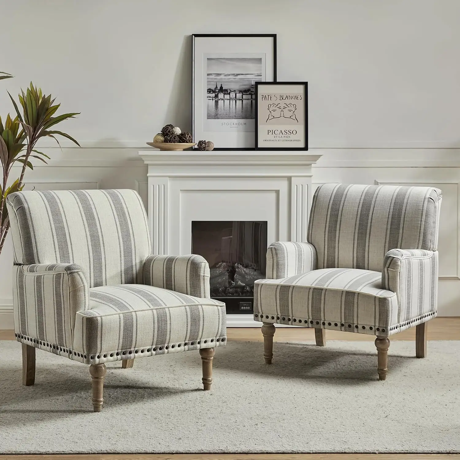 Modern Armchair Set of 2 Wooden Legs Nailhead Trim, Upholstered Accent Chair Living Room Bedroom Office, Stripe, Customized