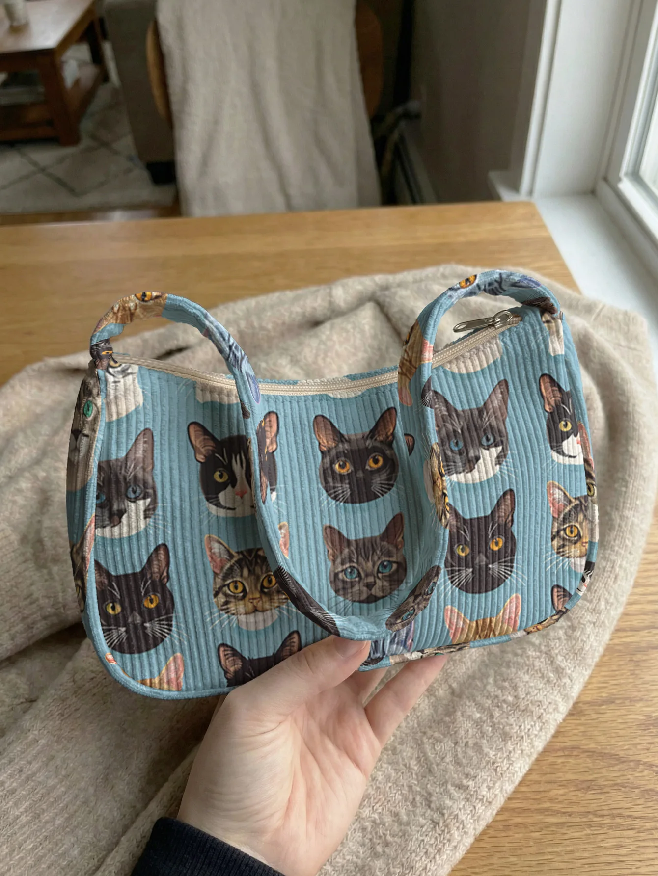Trendy Cat Head Print Shoulder Bag, Light Blue Corduroy Underarm Bag for Daily Casual Use