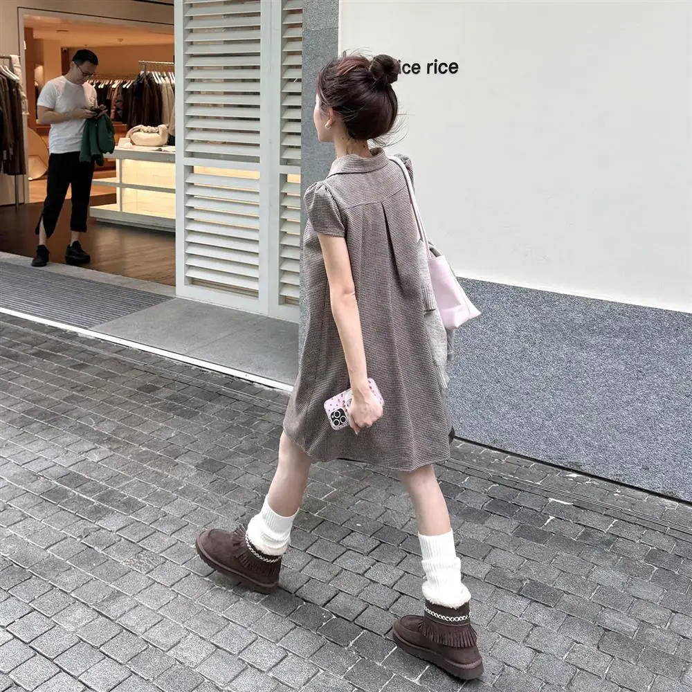 Korean College Style Doll Collar Short Dress Women Summer New Retro Loose Unique Design A-Line Skirt Sweet Style Polyester Fiber