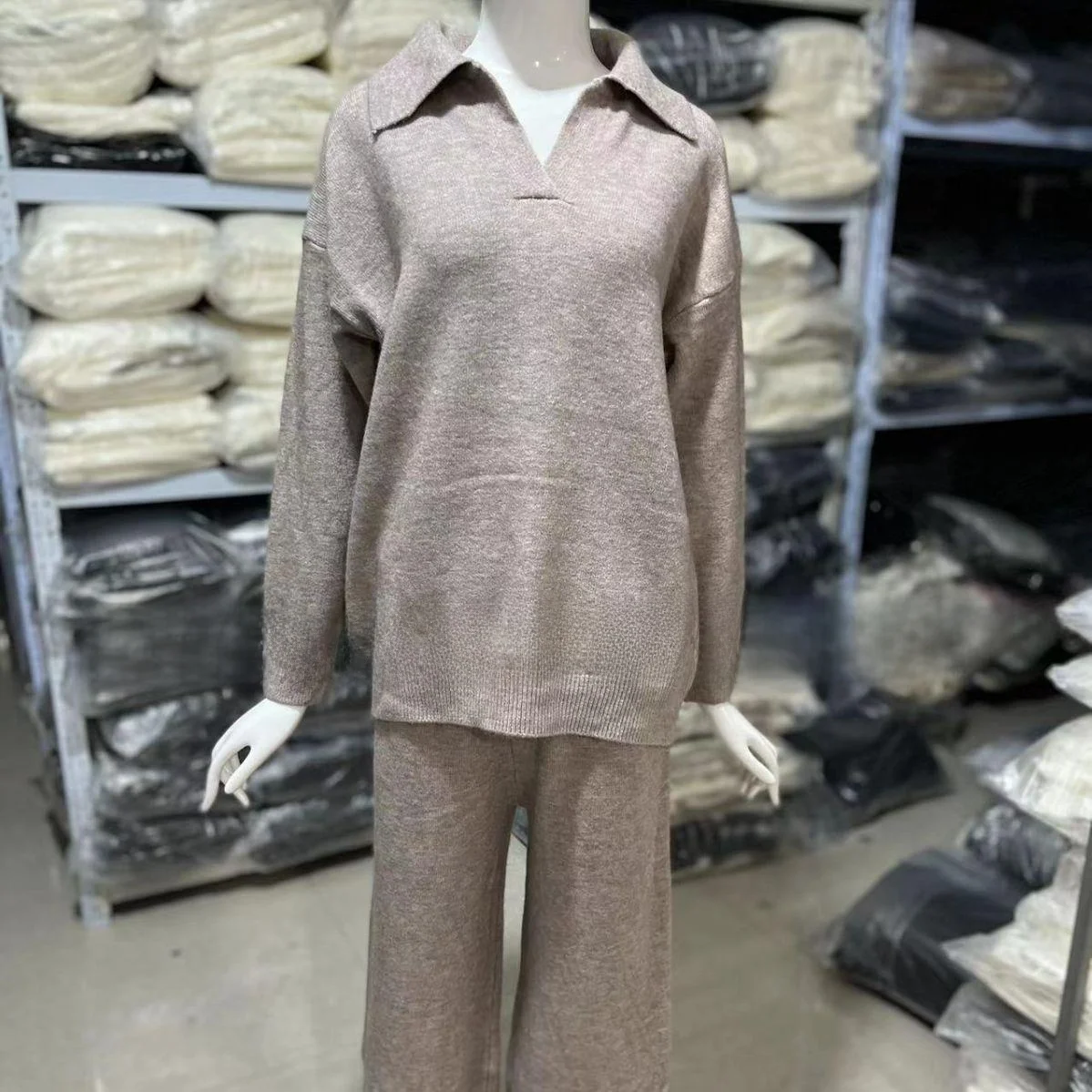 Women's Collar Sweater Wide Leg Pants Knitted Sweater Fashion Set Long Sleeve Pure Color British Style Autumn Collection