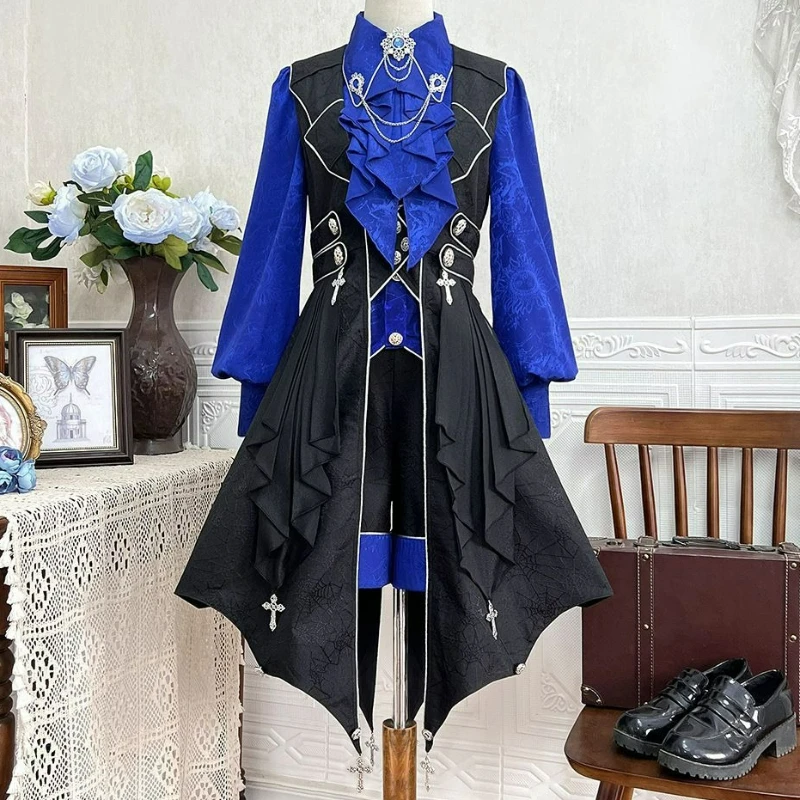 British Vintage Lolita Sets Women Sweet Y2k Long Sleeves Shirts Irregular Long Waistcoat Jacquard Shorts Elegant Three-piece Set