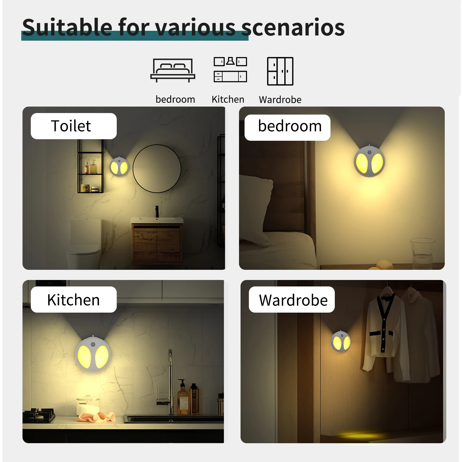 Inteligente LED Motion Sensor Night Light, Sensor de Movimento Recarregável, Parede Magnética, 3 Modos de Luz, 1/2 Peça