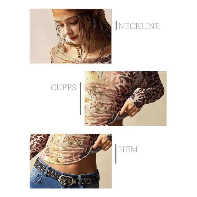 AT33 Damen-Oberteile mit Blumenmuster, schulterfrei, langärmelig, Herbst-Mesh, gerüscht, tailliert, trendige Ausgeh-Hemden, Blusen