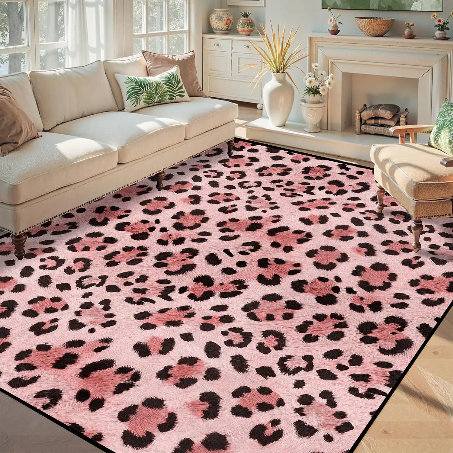 Pink Leopard Cheetah Print Washable Rug, Modern Girly Carpet for Girls Bedroom Living Room Playroom