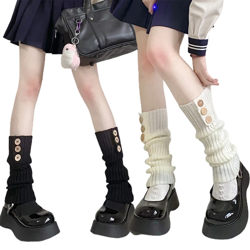 

Women Gothic Ribbed Knit Leg Warmers with Buttons Harajuku Preppy Student Boot Cover Socks School Stockings