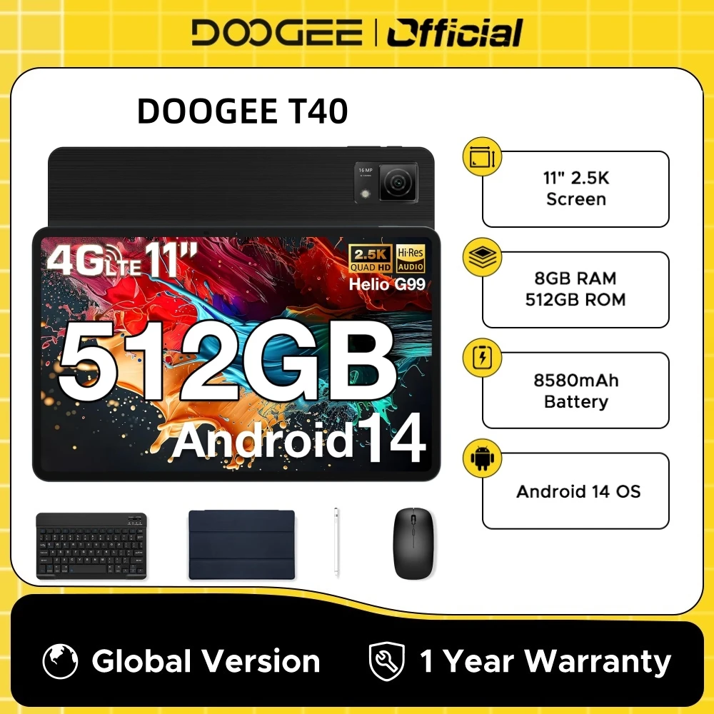 Versão global doogee t40 2 em 1 tablet laptop 11 "ips 2.5k 8gb 512gb helio g99 6nm 8580mah quad alto-falante desbloqueio facial android 14