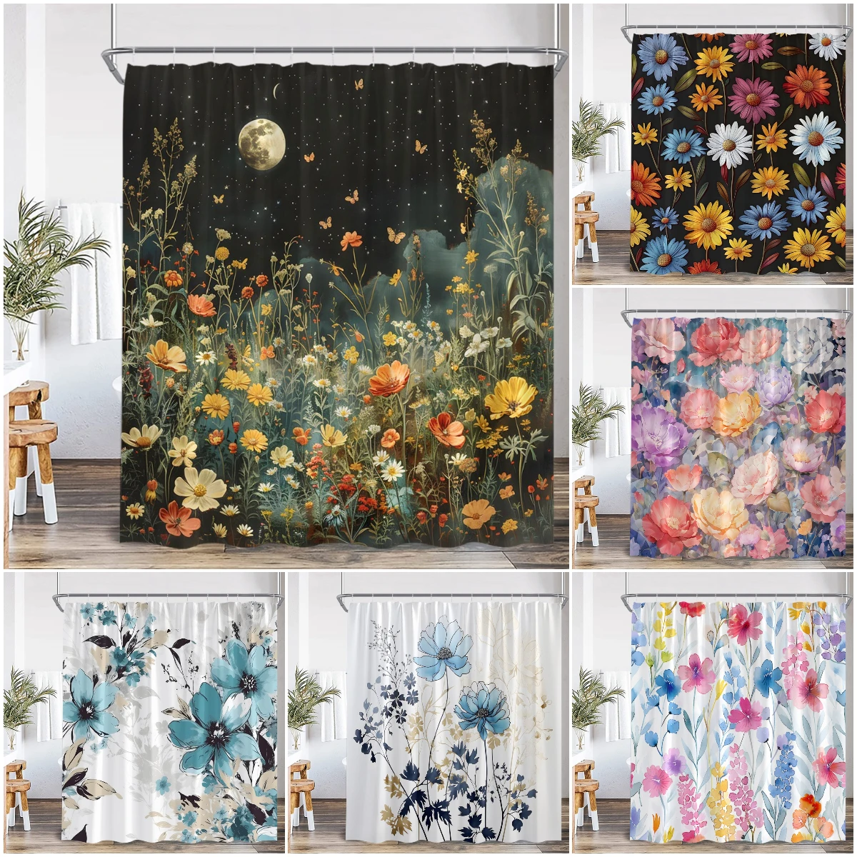 Watercolor Floral Shower Curtain Daisy Herb Plant Flower Botanical Bathroom Decor Modern Dark Polyester Bath Curtain with Hooks